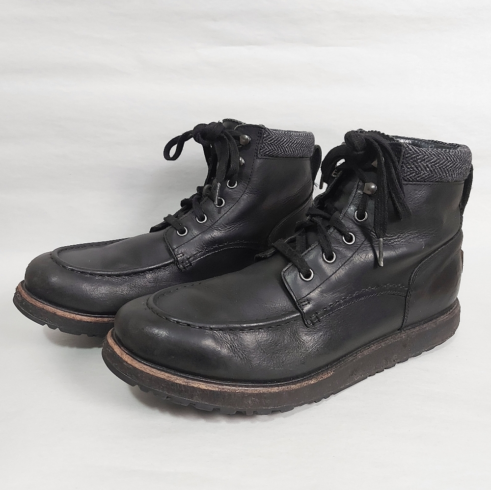 UGG Men Edgy Moto Combat Laceup Boots Black Leather High Ankle Motorcycle Hiking